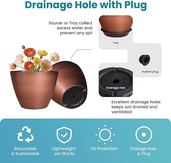 2 Pack Plastic Plant Pots with Drainage Holes, 8 inch Planter for Indoor Outdoor Plant, Garden Flower Pots for Aloe, Herbs, Cactus (Brushed Copper, 2pcs)