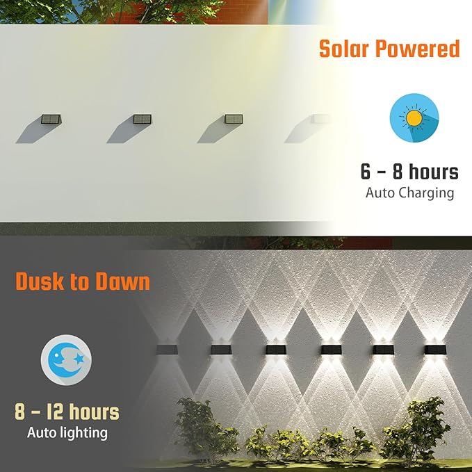 8-Pack Solar Fence Lights, Up & Down Lighting, 50LM/25LM 4 Modes (3000K/6500K), IP65 Waterproof, 1200mAh Battery, Screw/Adhesive Mount for Garden Wall Path Deck