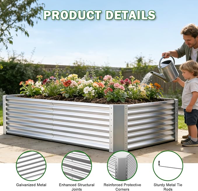 Galvanized Raised Garden Bed Kit Outdoor Patio,6x3x2ft Large Rectangular Metal Planter Boxes,Deep Root Box Planter for Gardening, Vegetables, Flowers, Herbs, 1 Pack, Silver