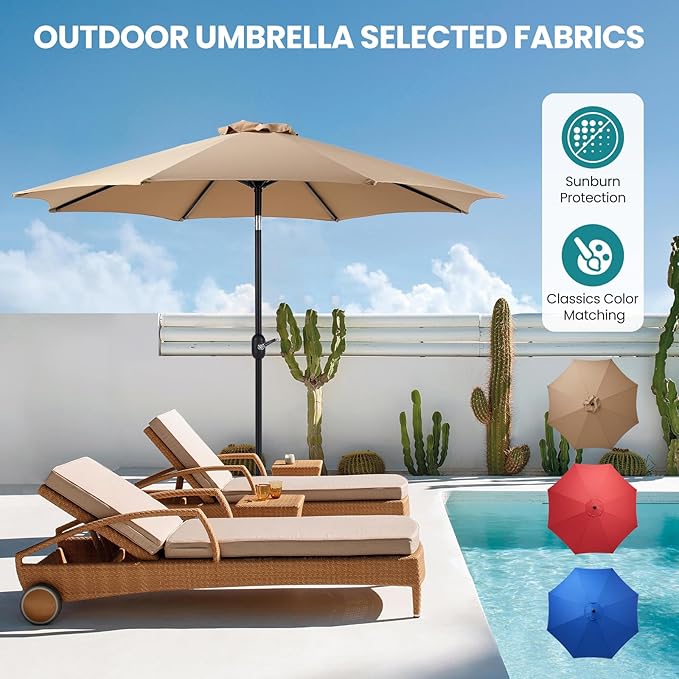 OLIXIS 9ft Patio Umbrella with Tilt and Crank Button & 8 Sturdy Ribs Waterproof, Patio Table Umbrella Perfect for Poolside, Terrace, Beach and Outdoor Restaurant, Khaki