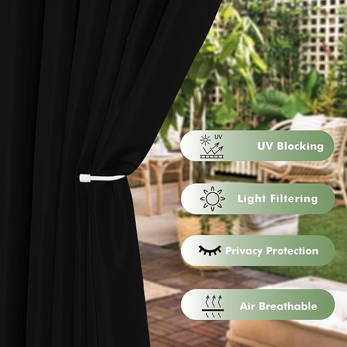 HolidayIdeas Outdoor Curtains for Patio Waterproof, 6 Panels - 54x95 Inches - Weatherproof Privacy Outsides Curtains for Cabana Porch Pergola, Sunlight & UV Blocking (Black, Grommet Top)