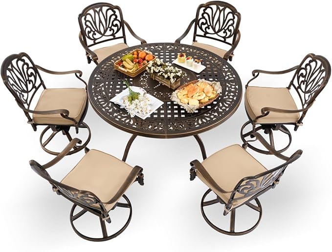 7-Piece Cast Aluminum Patio Furniture, Patio Dining Set for 6 Include 54" Round Outdoor Dining Table and 6 Swivel Chairs with Cushions & Umbrella Hole (Bronze)