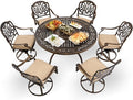 7-Piece Cast Aluminum Patio Furniture, Patio Dining Set for 6 Include 54" Round Outdoor Dining Table and 6 Swivel Chairs with Cushions & Umbrella Hole (Bronze)