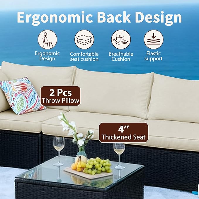 7-Piece Patio Furniture Set - Outdoor Sectional Sofa Set with 4'' Cushions and Glass-Top Coffee Table for Gardens, Poolside, Backyards and Porches, Black/Beige