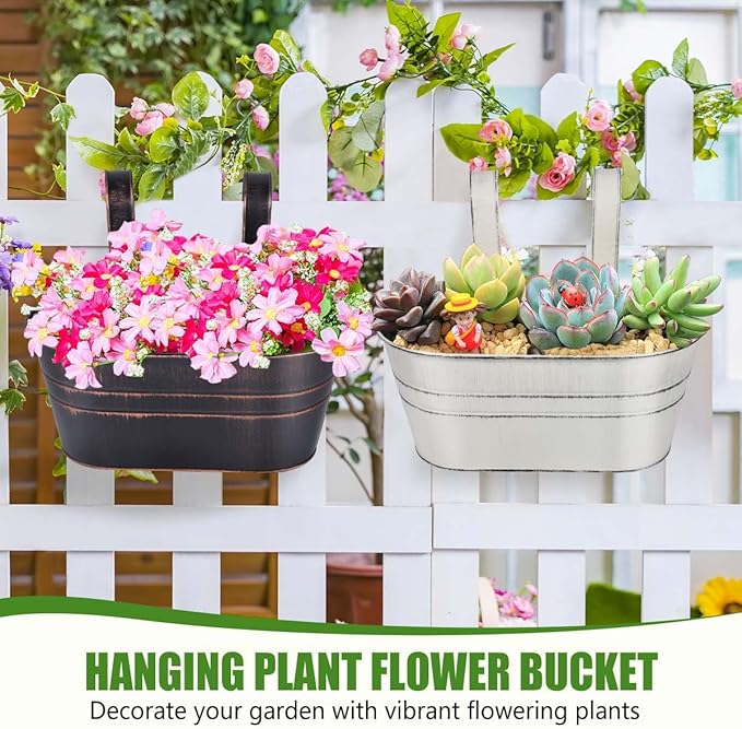 OBTANIM 4 Pack Metal Hanging Flower Pots Iron Railing Planter Outdoor Fence Hanging Pots Bucket Plant Holder with Detachable Hooks Drain Holes for Home Garden Yard Decor (Mixed Color)