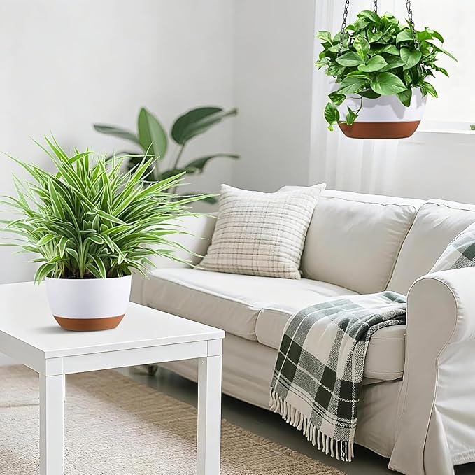 Hanging Planters for Indoor Plants, Set of 2 8/10 Inch Self-Watering Hanging Pots with Drainage Hole & Removable Water-Storage Tray II Screw-in Hooks