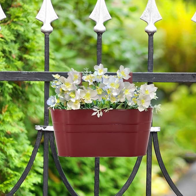 3 Pack Metal Railing Planters, 10.5" Oval Hanging Flower Pots with Detachable Hooks & Drainage Holes, Fits Rails up to 2.36", Galvanized Iron Fence Bucket for Balcony Garden Patio - Red