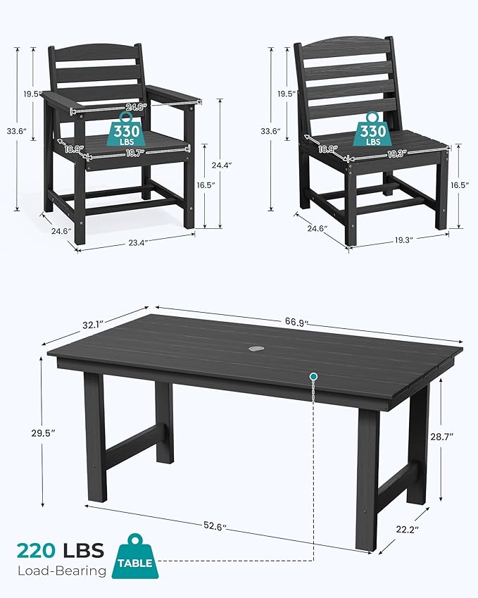 SERWALL Patio Dining Sets for 6 Person, HDPE Dining Set with 6 Armless Chairs, Black
