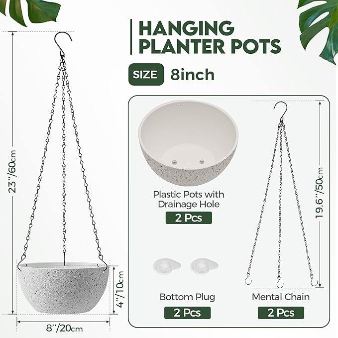 T4U 8 Inch Hanging Planters for Indoor Plants, 2 Pack Hanging Planter, Hanging Plant Pots with Drainage Holes and Chain, Hanging Basket Pots for Garden Home Porch Decor, White