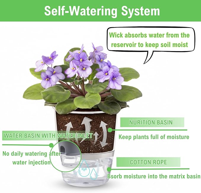 3.2 Inch Self Watering Planters Plastic Planter Pots 5 Pack Wicking Flower Pots Modern Decorative Planter for Small African Violets House Plants,Herbs,Indoor Outdoor Plant (Grey)
