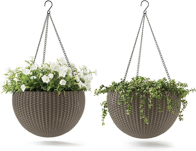 Keter Resin Rattan Set of 2 Round Hanging Planter Baskets for Indoor and Outdoor Plants-Perfect for Porches and Patio Decor, Cappuccino