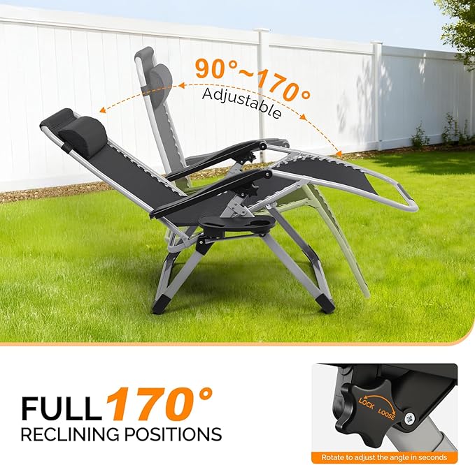 VINGLI 29" Padded Zero Gravity Chair, Lounge Chair with Removable Cushion & Tray， Folding Reclining Patio Chairs， Recliner Chair for Lawn，Indoor Outdoor-Black