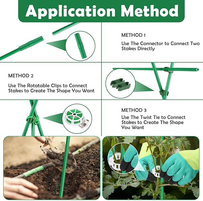 Cludoo 232PCS Garden Stakes Set with 70 Sets Fiberglass Plant Stakes Sticks Supports and Accessories, DIY 4ft 5ft 6ft 7ft Tomato Stakes for Tomato,Vegetables, Pepper, Fences Indoor Outdoor Plants