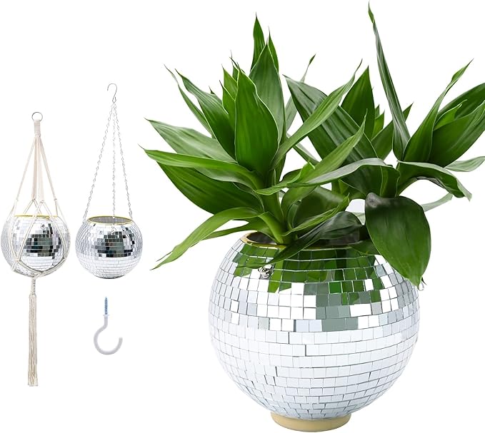 Disco Ball Planter, 8" Silver Disco Ball Planter, Disco Ball Plant Hanger with Hanging Rope, Hanging Chain, Hook, Circle and Extra Mirror Pieces