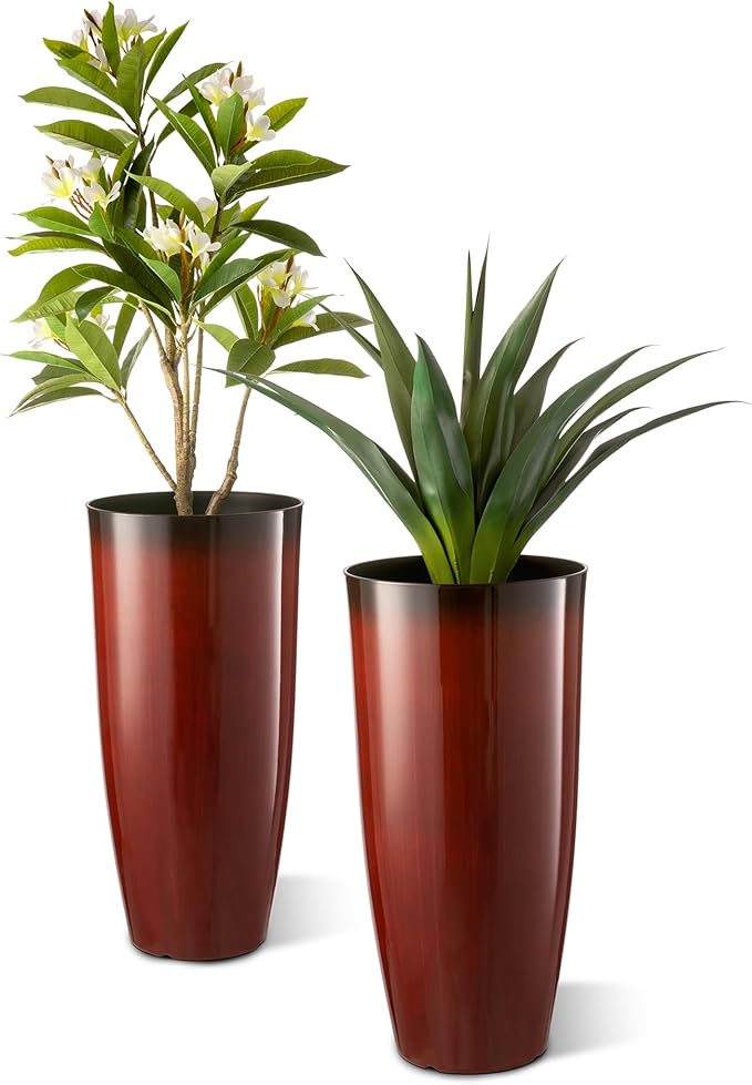 Glitzhome 30" H Oversized Tall Planter, Set of 2 Large Outdoor Planters with Drainage Holes, Gradient Red Faux Ceramic Finish, Large Flower Pots Plastic Plant Pots for Indoor Outdoor Front Door Patio