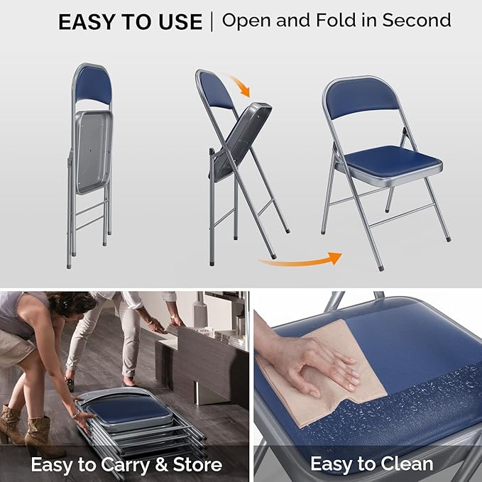 VINGLI 8 Pack Folding Chairs with Padded Seats, Metal Frame with Pu Leather Seat & Back, Capacity 350 lbs, Blue