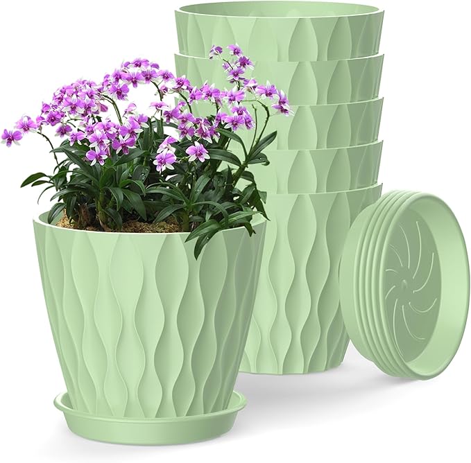 6 Inch Plant Pots, 6 Pack Indoor Flower Pots, Planters with Drainage Holes and Trays for Orchids, Violets, Succulents, Herbs, and Other Plants,Green