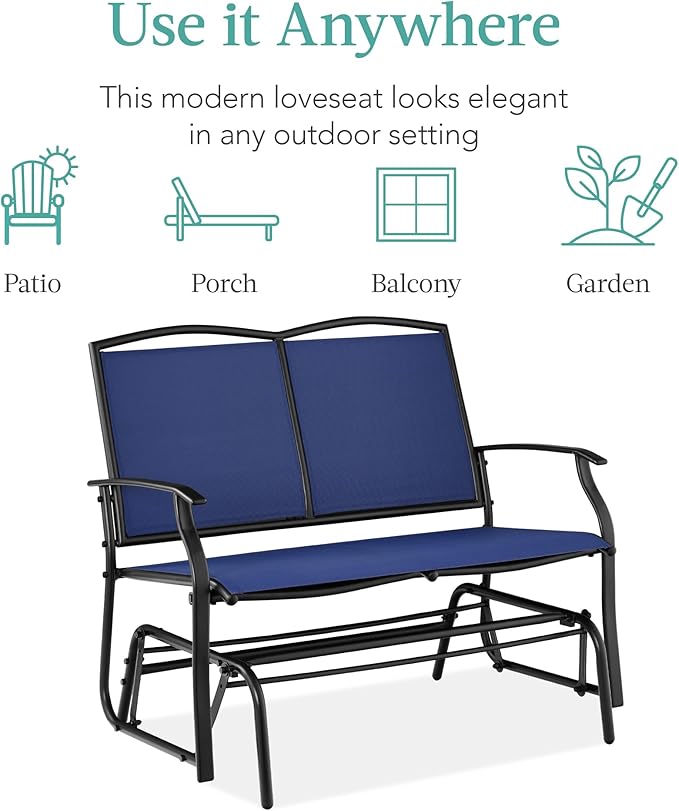 Best Choice Products 2-Person Outdoor Patio Swing Glider Steel Bench Loveseat Rocker for Deck, Porch w/Textilene Fabric, Steel Frame - Navy/Black