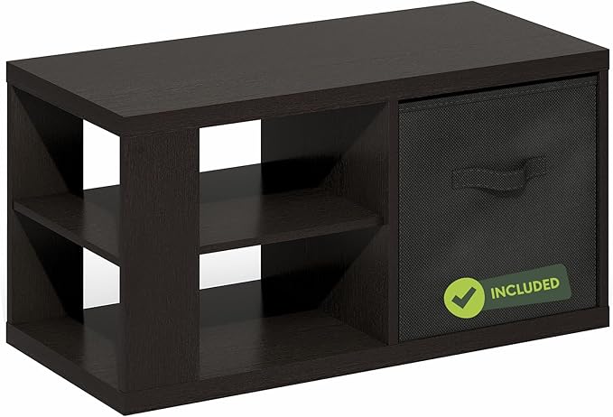 Furinno Viola Coffee Table, 3-Tier Modern Coffee Table with 1.2 Thick Tabletop, Side Table with Open Shelf and Storage Bin, for Living Room, Bedroom, Home Office, Dark Oak