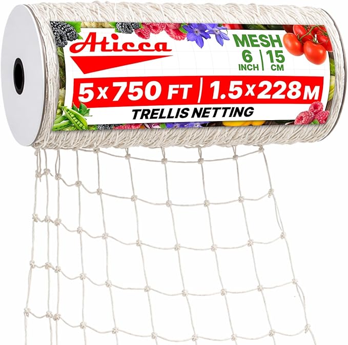 Trellis Netting 5 x 750 ft Heavy Duty Polyester Plant Support Netting White - 6 Inch Garden Rope Trellis on Roll - Mesh Twine for Growing Vine Climbing Plants, Flowers, Peas, and Tomatoes.