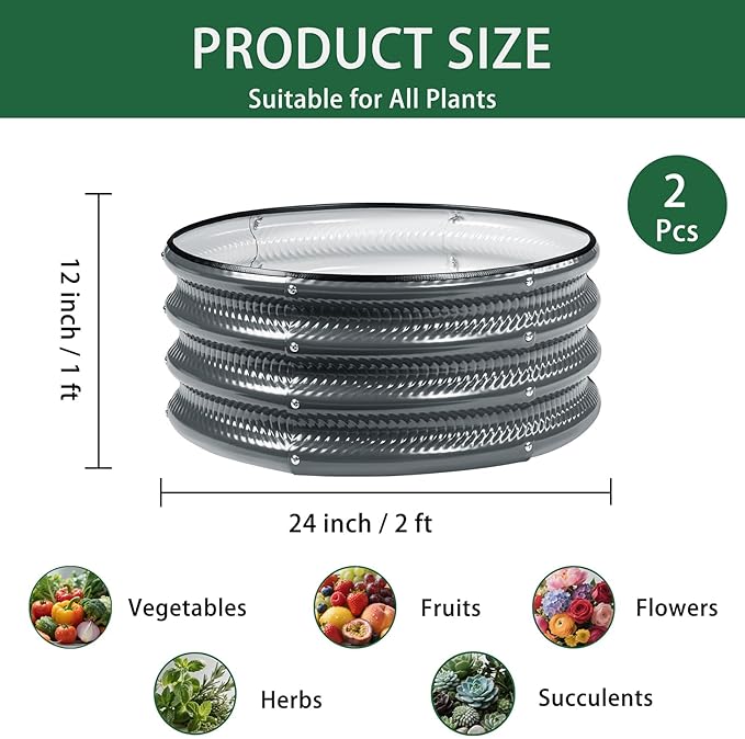 2 Pcs 2x2X1 ft Metal Galvanized Round Raised Garden Bed Kit Outdoor, Cream White Planter Garden Bed, Raised Box for Vegetables, Fruits, Flowers & Herbs