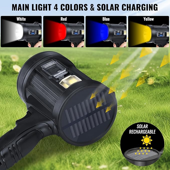 Rechargeable Spotlight,99,000 LM Super Bright Handheld Spot Light LED Flashlight High Lumens,Powered Spotlight Large Searchlight Outdoor with Solar Panels & COB Light for Boat Camping Hunting