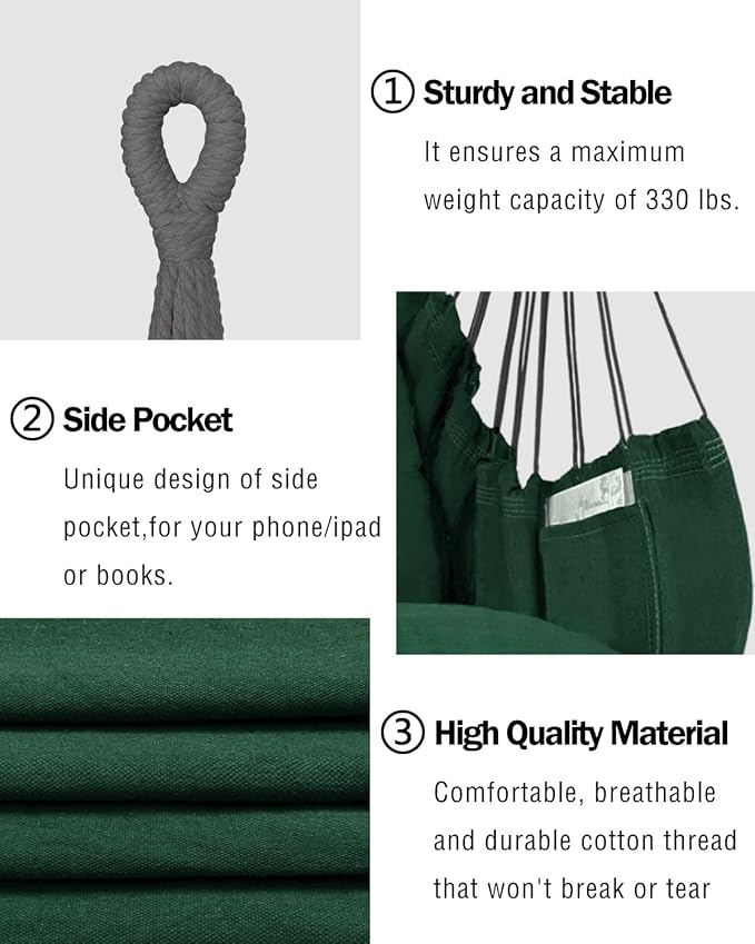 Halalona Hammock Chair Hanging Hammock Chair Rope Swing 2 Cushions Included-Sturdy & Durable Soft Cotton Hand Woven Hammock Swing for Bedroom, Porch, Patio-Indoor/Outdoor