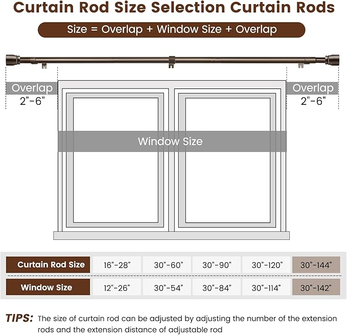 1” Diameter brown curtain rod Itself is 30 to 144 inch. 1 Pack Fits 30-142 inch, 66 to 120 inch Windows with Heavy Duty Adjustable brown curtain rods Splicing Metal Extra Long Curtain Rod