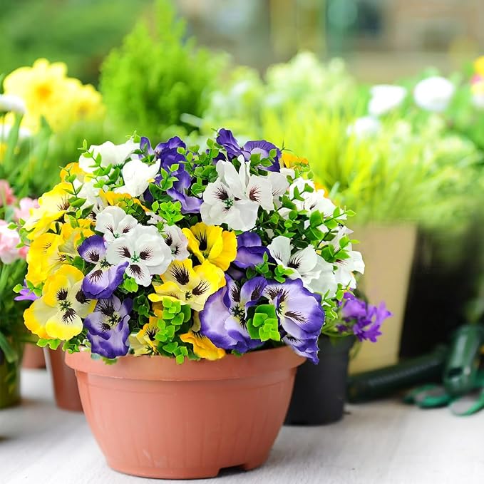 Pansies Artificial Flowers for Outdoors UV Resistant 12 Bundles Silk Pansy Plastic Fake Plants Flowers for Home Outside Garden Window Box Patio Planter Porch Decor (Mixed Color2)