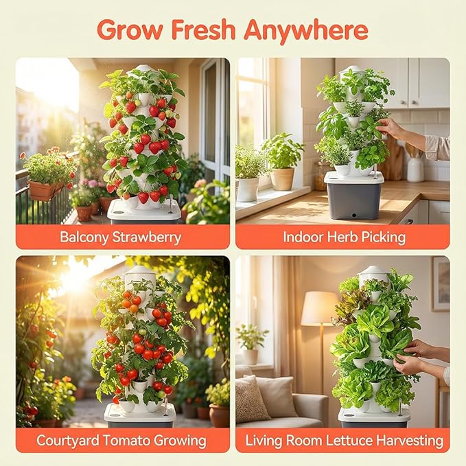 Vertical Hydroponic Tower Garden Growing System - Indoor Planter Kit with 30 Pods, Aeroponic-Style Tower for Herbs, Vegetables, Lettuce & Strawberries, Home Countertop Grow System, Gray