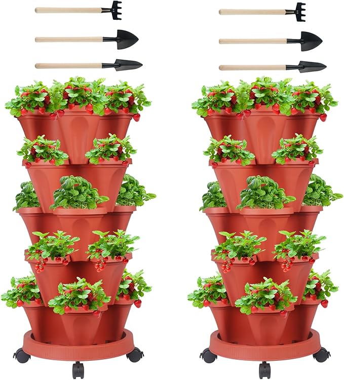 GameXcel Vertical Planter 5 Tier Stackable Planters Garden Planters Strawberry Herb Flower and Vegetable Planter Indoor Outdoor Gardening Pots with Removable Wheels and Tools 2-Pack