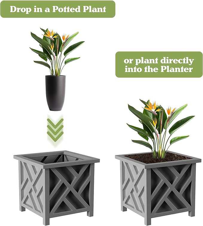 Lattice Design Outdoor Planter Box 2-Pack - 14.75” Square 13” Tall Gray Decorative Plant Pots for Front Porch Decor - Flower Pots Outdoor Planters for Porch Patio or Garden Decor by Pure Garden