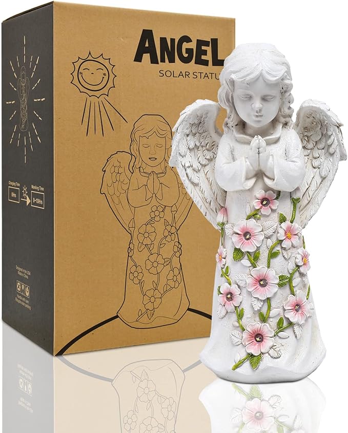 Nacome Garden Outdoor Statues Angel with Succulent and 7 LED Lights – Lawn Decor for Patio, Balcony, Yard Ornament - Chrismtas Gifts for Mom Grandma