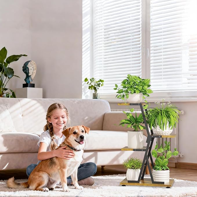 iDavosic.ly 3 Tier Indoor Plant Stand, Corner Tall Metal & Wood Flower Shelf, Orchid Display Rack for Living Room Balcony Patio Porch, Space Saving & Multifunctional Display, Black & Brown