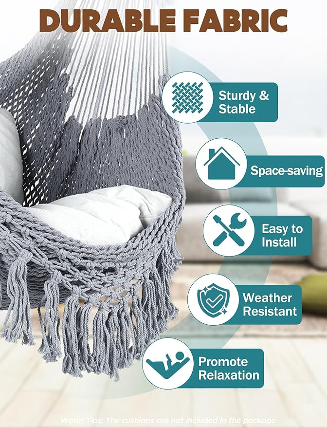 Chihee Hammock Chair Super Large Soft-Spun Cotton Rope Weaving Hanging Chair, Collapsible Strong Metal Spreader Bar Wide Seat Lace Stretch Swing Chairs Indoor Outdoor Garden Yard Theme Decoration