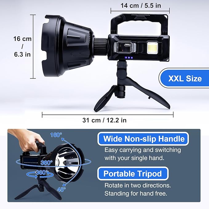 Rechargeable Spotlight Flashlight, Peascat 3,000,000L Lumens LED Handheld Spot Light, 6 Modes, 3 Colored Lenses, Solar & USB-C Charging, Tripod, IPX6 Waterproof for Fishing, Camping, Outdoor Emergency