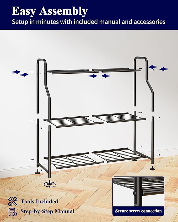 Kitsure Plant Stand Indoor & Outdoor - 3-Tier Metal Plant Shelf with Adjustable Leveling Feet, Easy to Assemble Planter Stand for Patio, Balcony, or Garden (Black, 27" x 11.4" x 29.3")