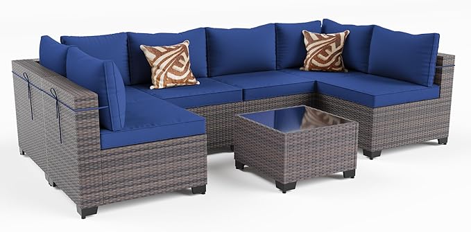 Kullavik 7 Pieces Outdoor Patio Furniture Set PE Wicker Rattan Sectional Sofa Patio Conversation Sets,Navy Blue