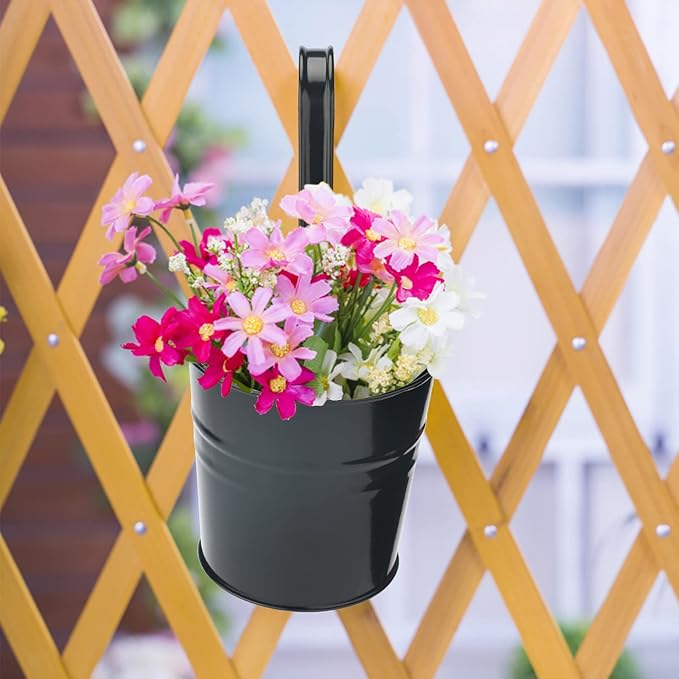 KINGLAKE Flower Pots,10 Pcs Metal Iron Hanging Flower Plant Pots Balcony Garden Plant Planter Baskets Fence Bucket Pot 4'' Flower Holders with Detachable Hook Black
