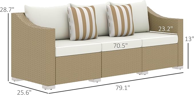 Outsunny 3 Seater Patio Sofa, Wicker Sofa with Cushions, Outdoor Furniture Rattan Couch with 2 Throw Pillows, Deep Seating, for Garden, Backyard, Porch, Cream White