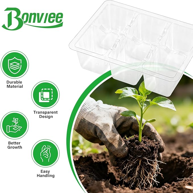 Bonviee 10 Packs Seed Starter Tray with Drainage Holes, Reusable & Durable, Clear for Root Monitoring, Easy to Repotted Without Root Damage, 6 Cells per Tray