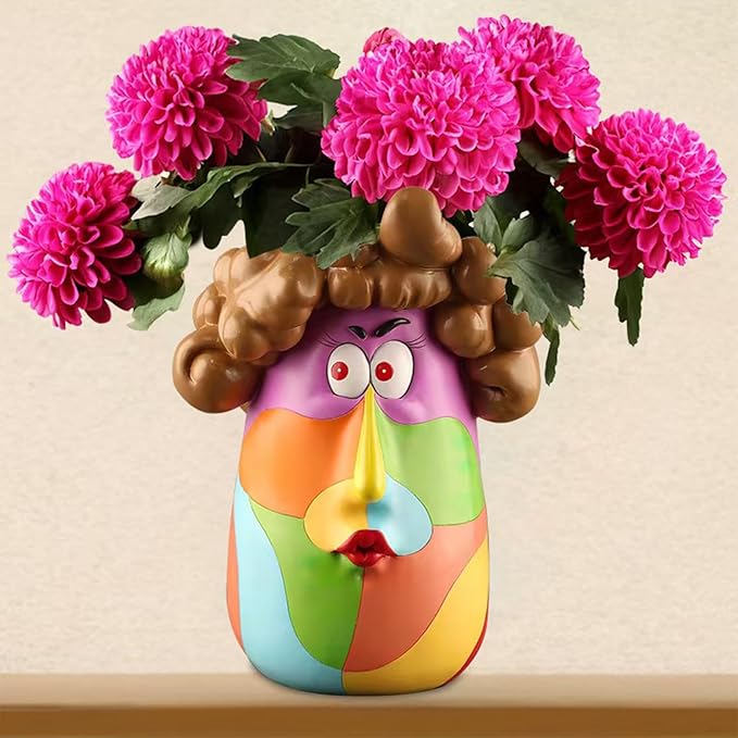 TOZLU Picasso Brutalist Beauty Face Flower Pot Ornaments Head Planter Pots Container Colorful Face Art Resin Flower Pot (Curly Haired Girl)