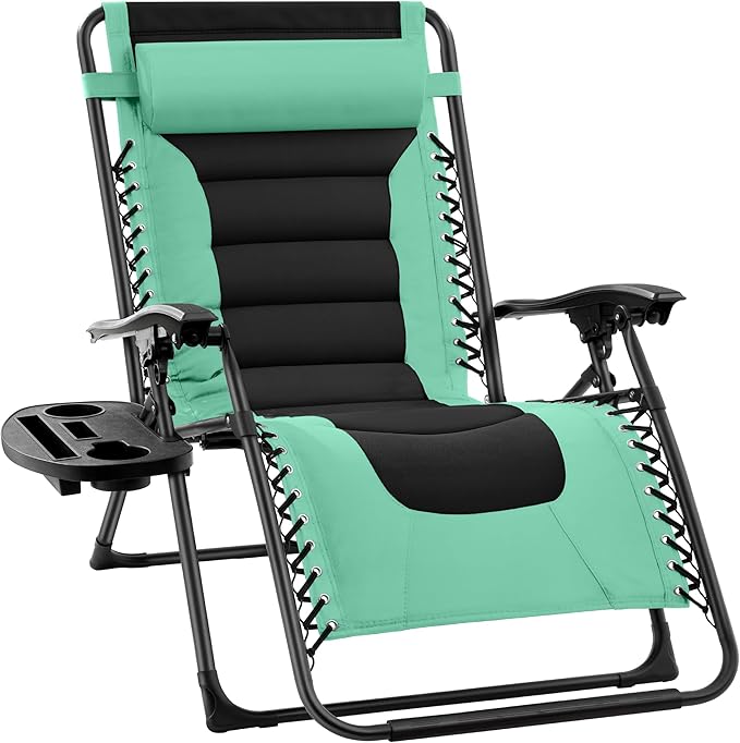 Best Choice Products Oversized Padded Zero Gravity Chair, Folding Outdoor Patio Recliner, XL Anti Gravity Lounger for Backyard w/Headrest, Cup Holder, Side Tray, Polyester Mesh - Green/Black