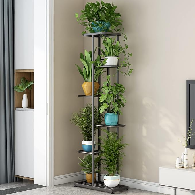 LINZINAR Plant Stand Indoor Outdoor Metal 6 Tier 7 Potted Multiple Flower Pot Holder Shelf Planter Display Shelving Unit for Patio Garden Corner Balcony Living Room (6 Tier 7 Potted, Dark Grey)