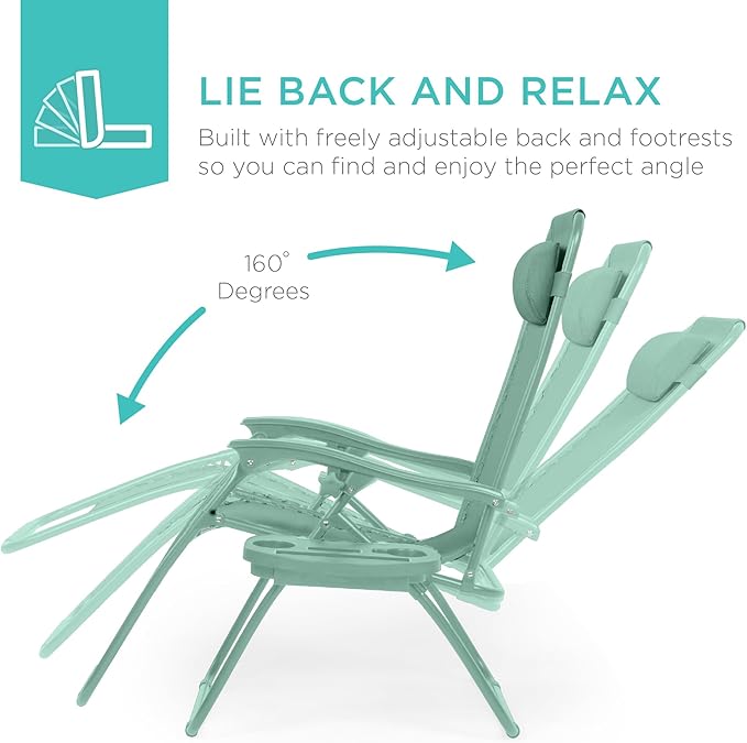 Best Choice Products Set of 2 Adjustable Steel Mesh Zero Gravity Lounge Chair Recliners w/Pillows and Cup Holder Trays - Seafoam