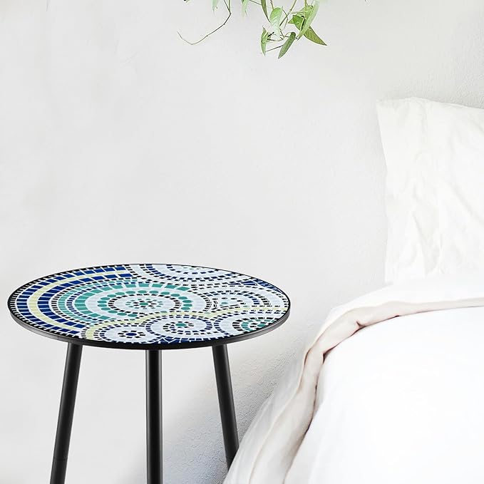 1 Pack Metal Outdoor Side Table Small Outside Round End Table for Patio Modern Accent Garden Corner Table for Small Spaces, Balcony, Porch, Weather-Resistant, Plant Stand Indoor, Round Mosaic