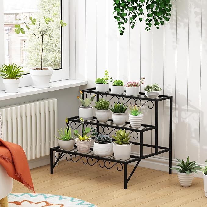 3 Tier Metal Plant Stand Outdoor Indoor, Heavy Duty Flower Pot Holder Display Shelf,Multifunctional storage rack for Patio Garden Livingroom Bedroom,Black