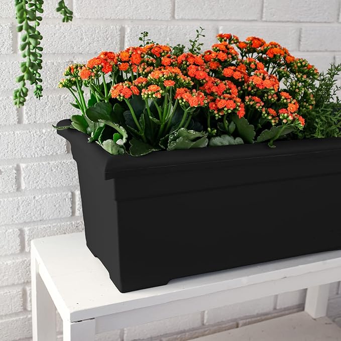 The HC Companies 28 Inch Romana Planter Box with Drainage Plug, Lightweight UV-Resistant Plastic Outdoor Planters, 1-Pack Flower Box for Garden, Patio, Balcony, and Fence, Black