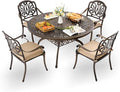 5-Piece Cast Aluminum Patio Furniture, Outdoor Dining Sets for 4 Include 54" Round Patio Dining Table and 4 Stackable Chairs with Cushions & Umbrella Hole (Bronze)