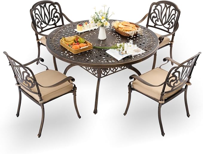 5-Piece Cast Aluminum Patio Furniture, Outdoor Dining Sets for 4 Include 54" Round Patio Dining Table and 4 Stackable Chairs with Cushions & Umbrella Hole (Bronze)